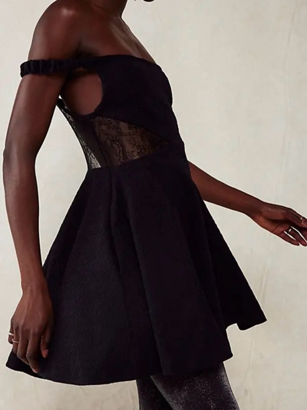 NWT Free People Brooklyn Black Off-Shoulder Lace-Inset Mini Dress size small